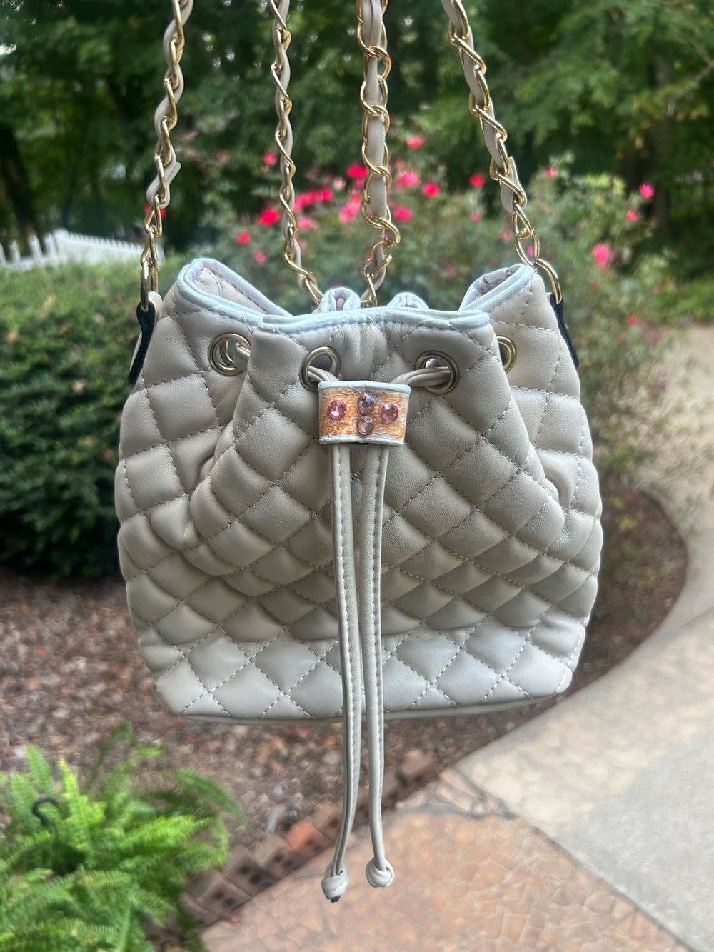 Ivory Quilted Bucket Bag Gold Chain Pink Rhinestone Custom Detail Shoulder Purse